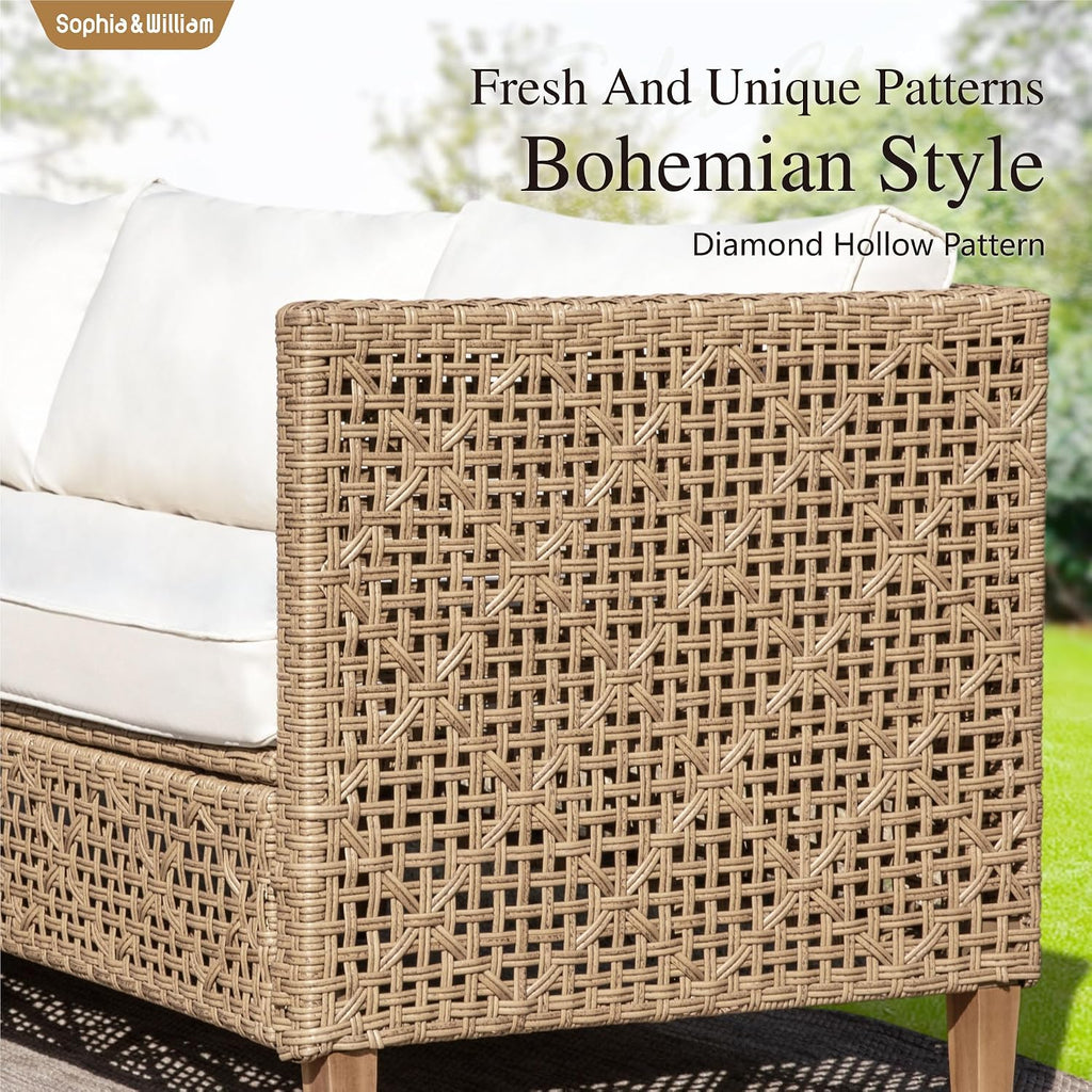 Sophia & William Boho Rattan Patio Sectional Set with Thick Cushions & Coffee Table – Balcony, Backyard & Poolside Outdoor Furniture (Beige)