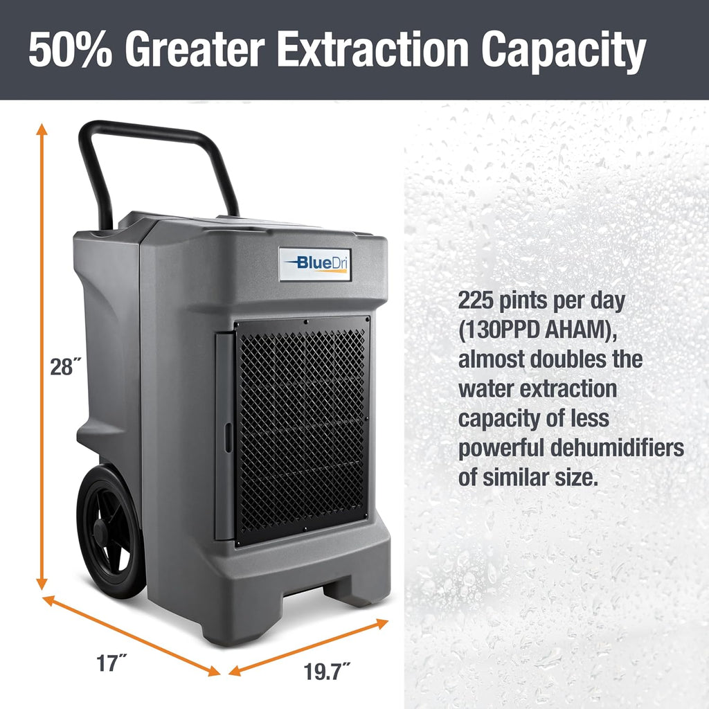 BlueDri BD-130P 225PPD Industrial Water Damage Equipment Commercial Dehumidifier with Hose for Basements in Homes and Job Sites, Gray