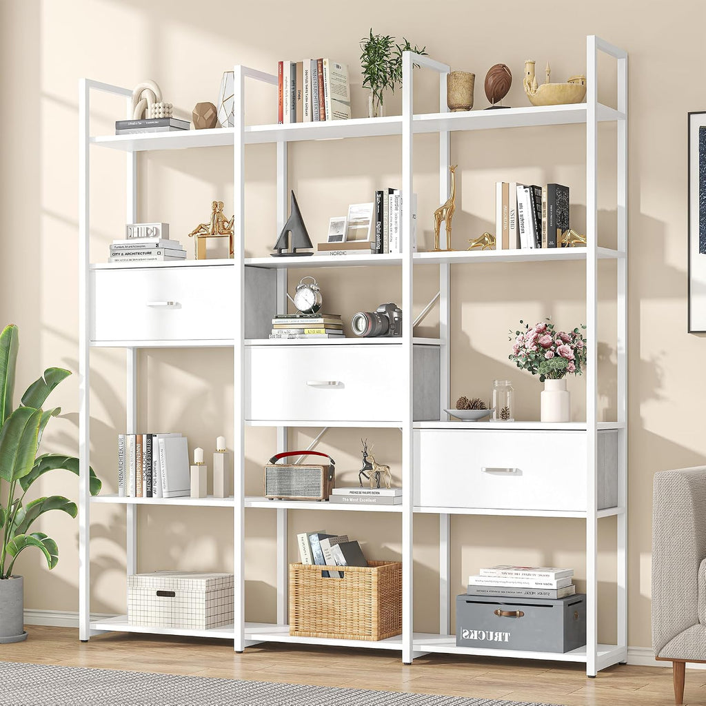 Nosepen 73.6' Tall Bookshelf with 3 Drawers and 16 Storage Shelves, Industrial Bookcase with 16 Open Display Shelves, Large Etagere Bookshelf, Triple Wide Book Shelf Book Case for Home & Office, White