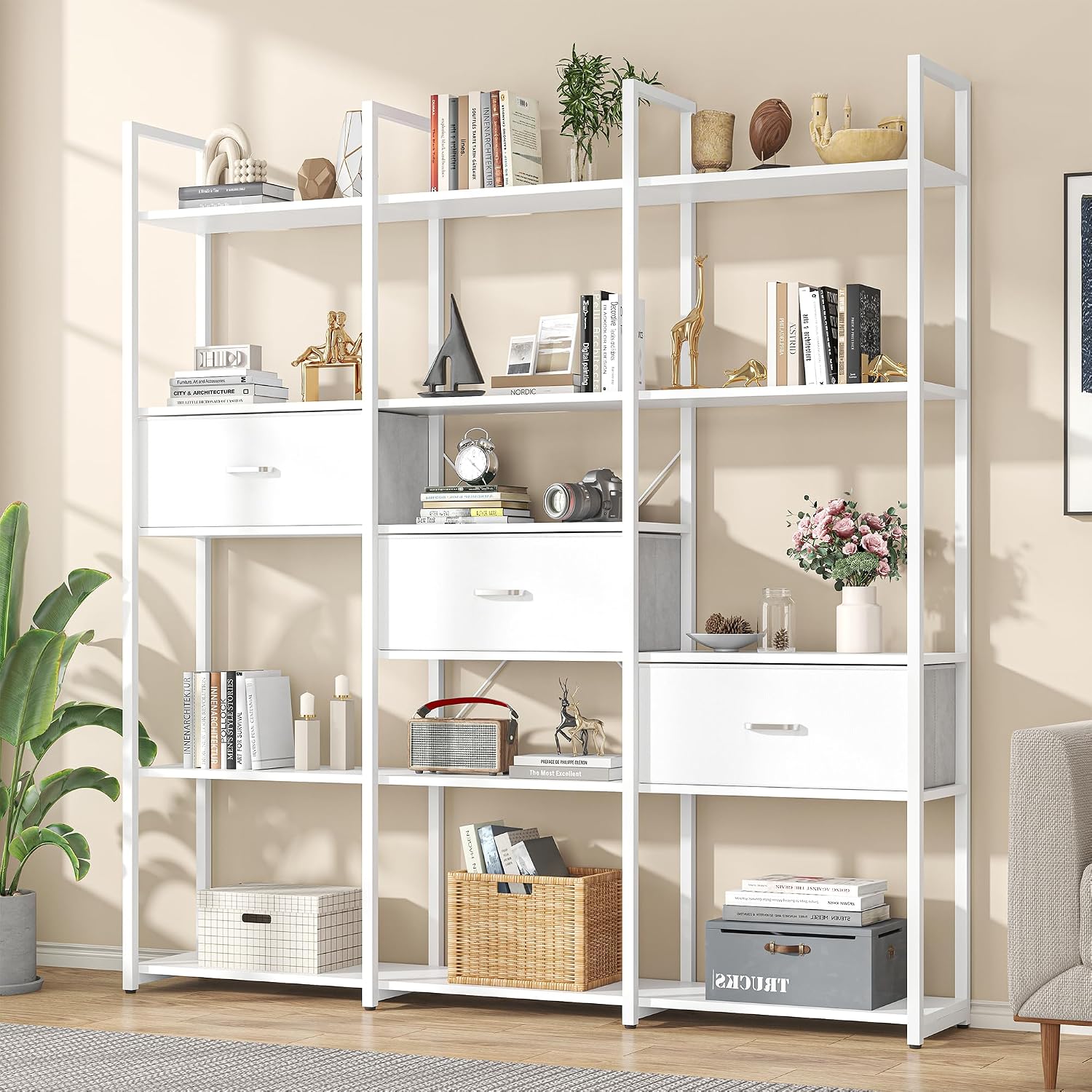 Nosepen 73.6' Tall Bookshelf with 3 Drawers and 16 Storage Shelves, Industrial Bookcase with 16 Open Display Shelves, Large Etagere Bookshelf, Triple Wide Book Shelf Book Case for Home & Office, White