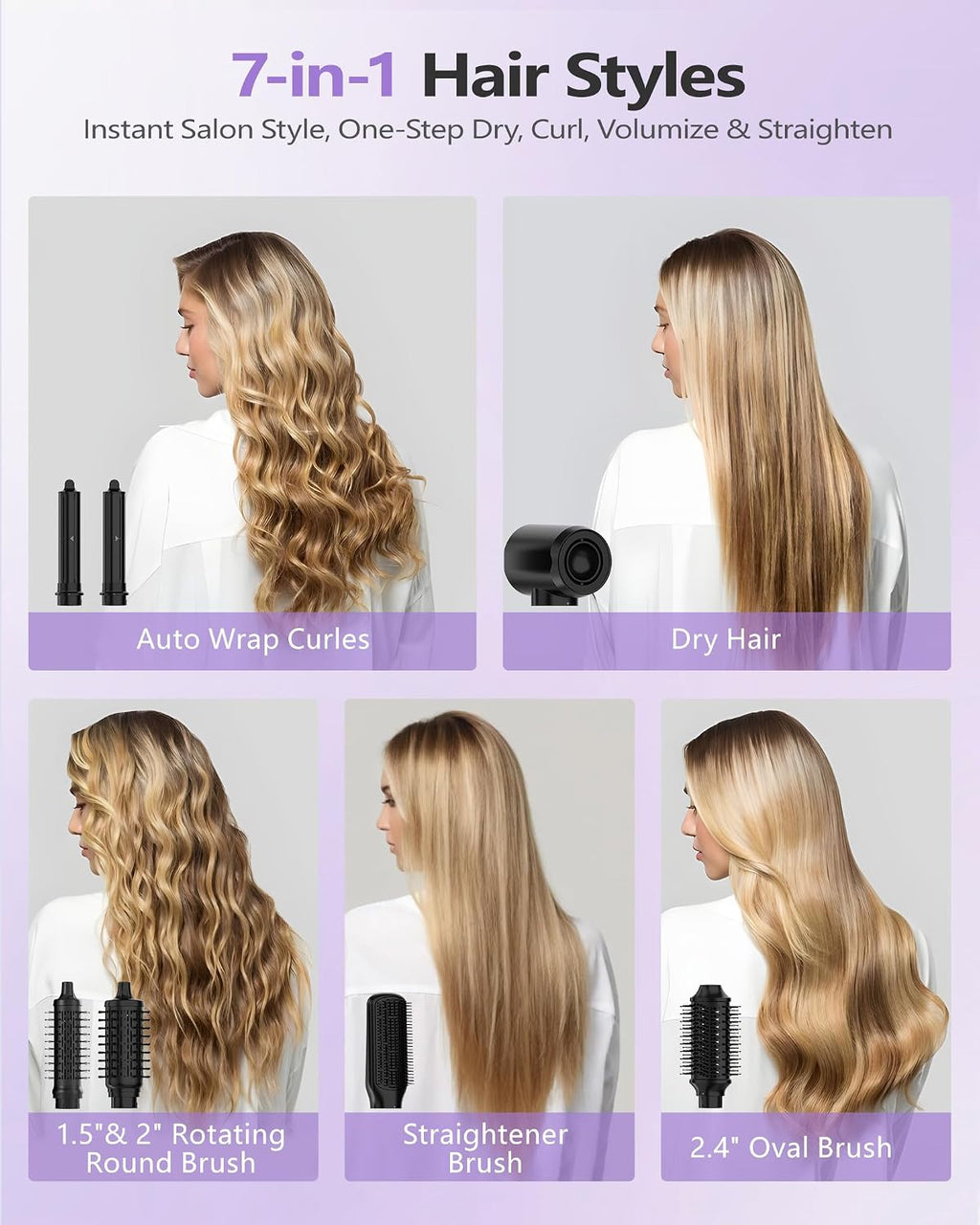 TASNEEM 7 in 1 Hot Air Brush & Rotating Hair Dryer Brush, Air Styler with Auto-Wrap Curlers, Ionic Blow Dryer, Straightener & Oval Brush, Without Heat Damage Multi-Styler with Travel Case