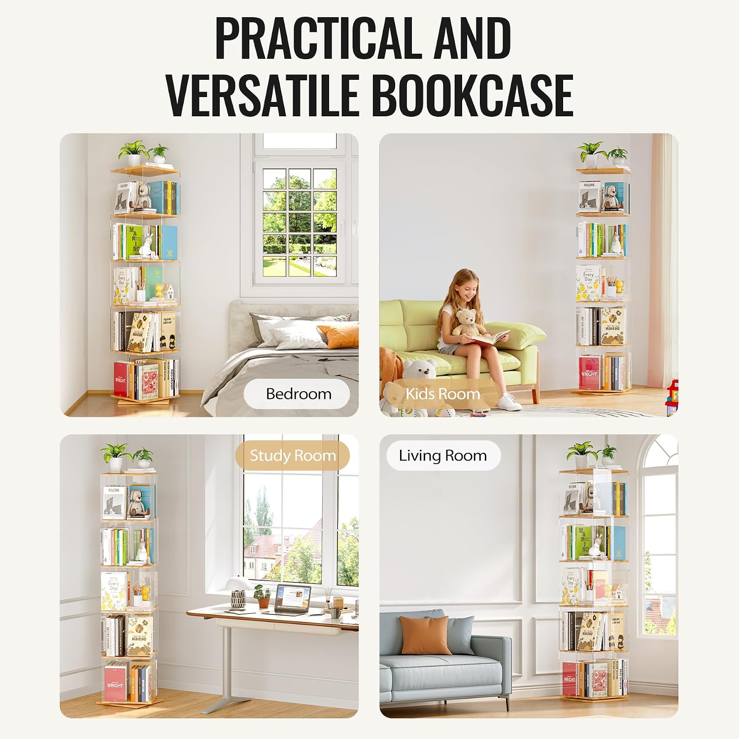 TAKEKIT 5-Tier Rotating Bookshelf, 360° Spinning Book Shelf Tower with Solid Wood & Clear Acrylic, Square Revolving Bookcase for Kids Room, Living Room, Bedroom and Office