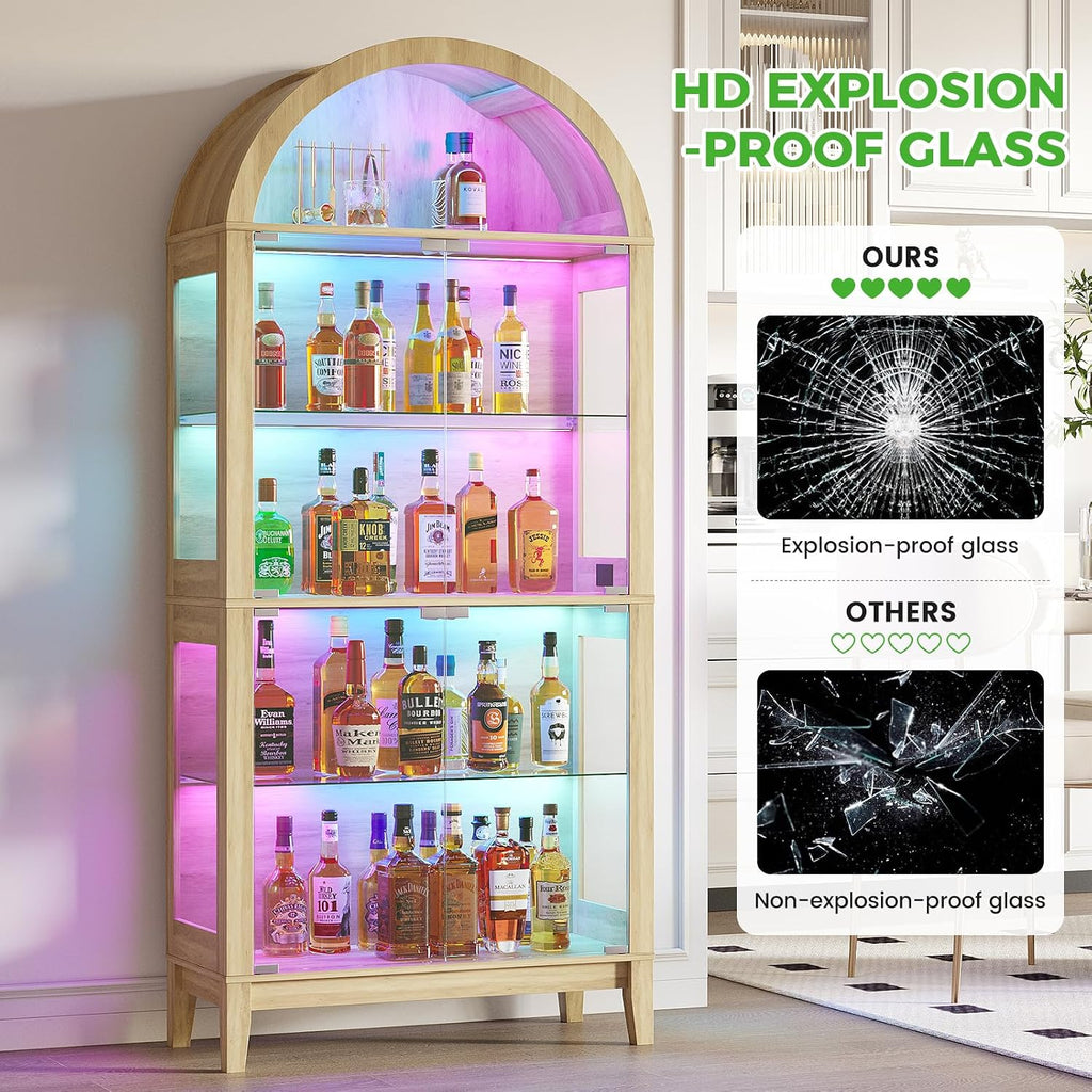 HNEBC Arched Book Shelf with Glass Doors, LED Bookcase with RGB Lights, 5 Tier Cabinet Has 9-Cube Storage, 69' Display Cabinet for Music-Synced Lighting Living Room,Bedroom (Natural)
