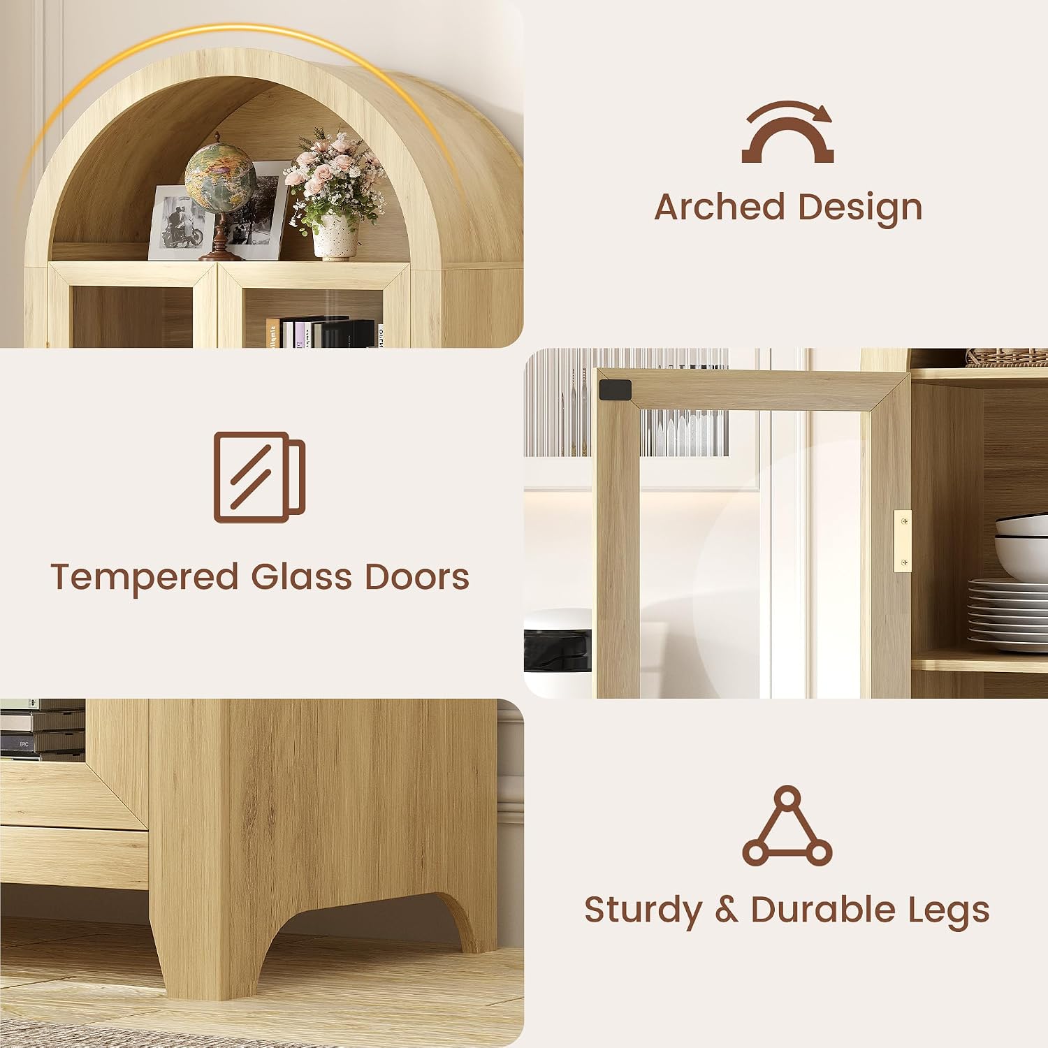 Vlsrka 71' Arched Kitchen Pantry Storage Cabinet with Glass Doors, 5-Tier Display Cabinet for Collectibles, Tall Bookcase with LED Light & Human Sensor, Curio Cabinet with Adjustable Shelf
