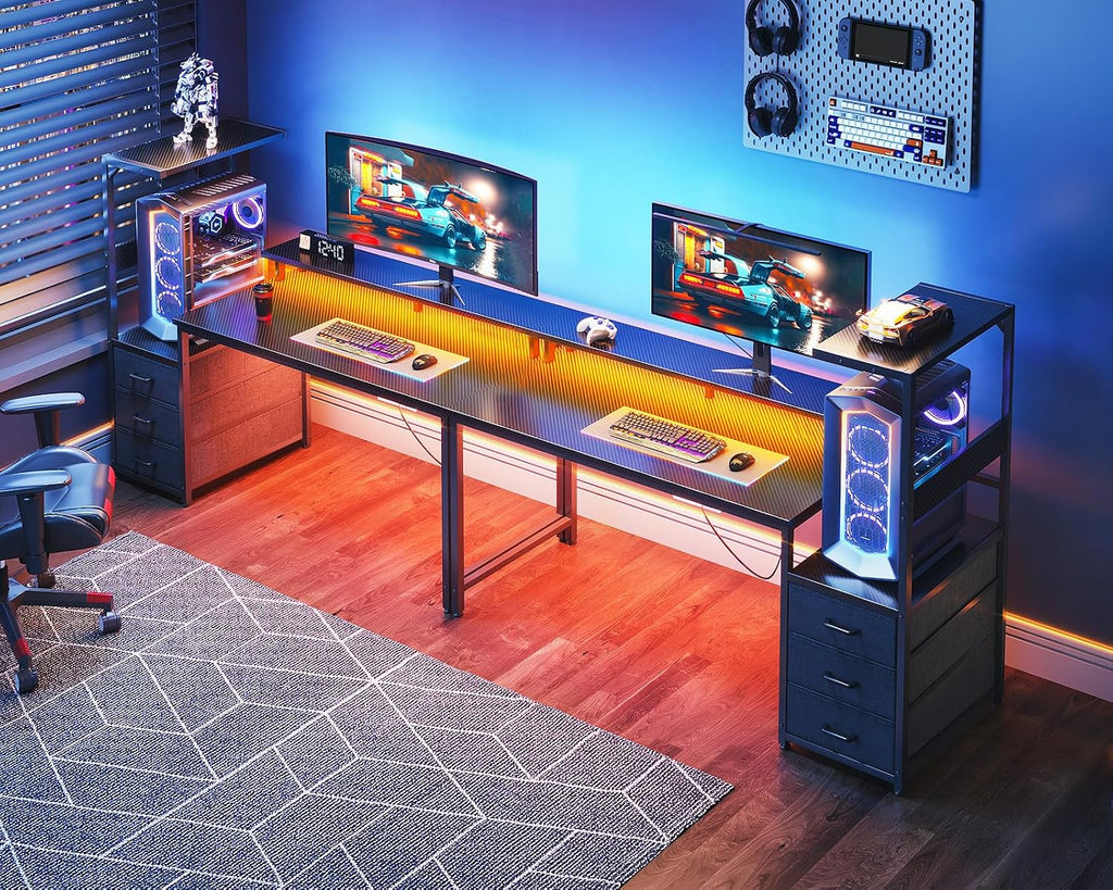 AODK 59 Inch Gaming Desk with LED Light- Reversible Computer Desk with Storage Shelves & Monitor Stand, Modern Gamer Desk Table with Fabric Drawers, Black