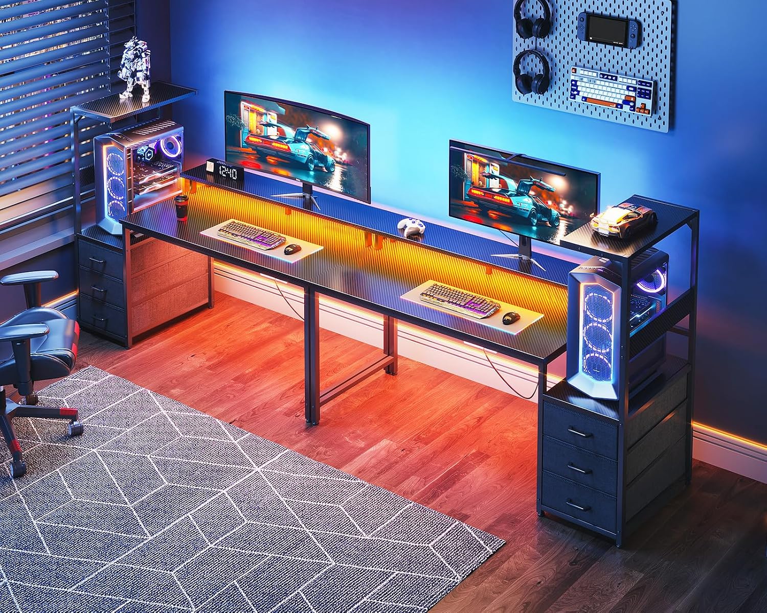 AODK 59 Inch Gaming Desk with LED Light- Reversible Computer Desk with Storage Shelves & Monitor Stand, Modern Gamer Desk Table with Fabric Drawers, Black