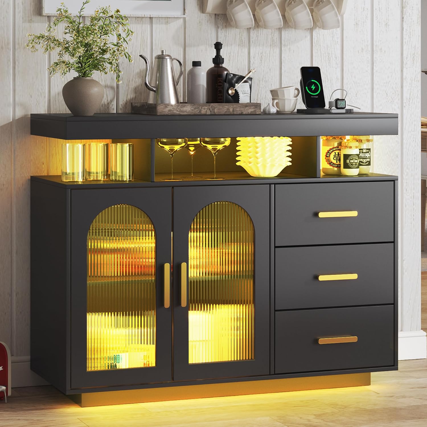 HNEBC LED Sideboard Buffet with Charging Station, Smart Bar Cabinet with Auto RGB Lighted, Coffee Bar with 3 Drawers/Adjustable Shelf for Living Room, Dining Room,Home Storage (Black)