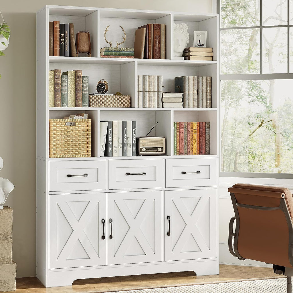 IRONCK Bookshelf with Drawers & Doors, Tall Bookshelf with Storage, Bookcase with Cabinets for Home Office, Living Room, White