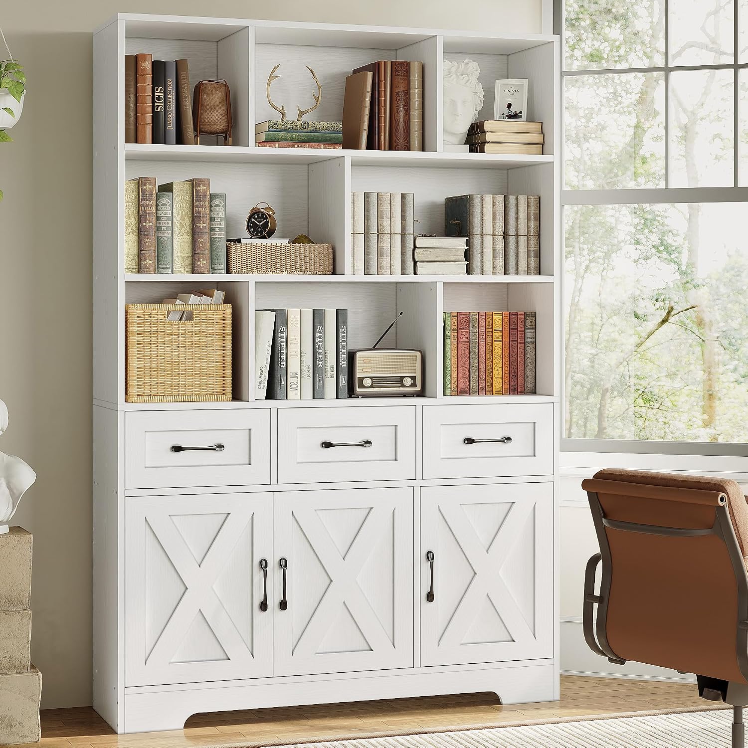 IRONCK Bookshelf with Drawers & Doors, Tall Bookshelf with Storage, Bookcase with Cabinets for Home Office, Living Room, White