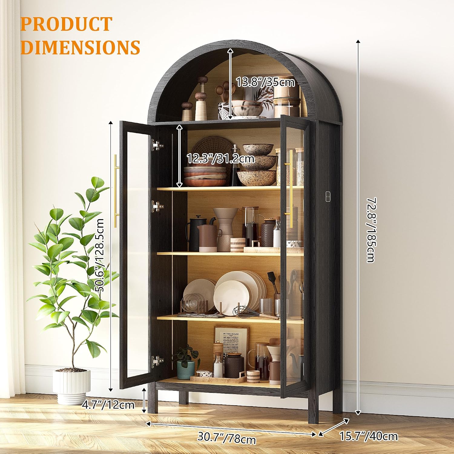 HWB Display Cabinet with Glass Doors, 5-Tier Tall Curio Cabinet with Lights for Collectibles, LED Display Case for Book/Medal/Figure, Black