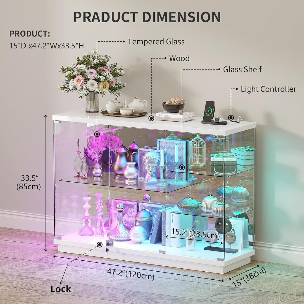 HNEBC 5-Tier Lockable Display Cabinet - with Glass Door,47.2' W Glass Display Case with 7+5 Lights Modes for Collectibles,Lighted Cuiro Cabinet with Human Sensor,China Cabinet for Living Room