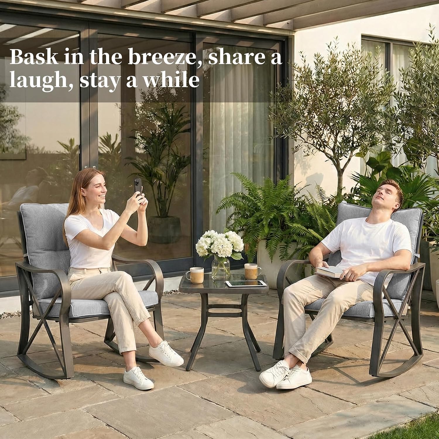COSIEST 3 Piece Bistro Set Patio Rocking Chairs Outdoor Furniture w Warm Gray Cushions, Glass-Top Table for Garden, Pool, Backyard