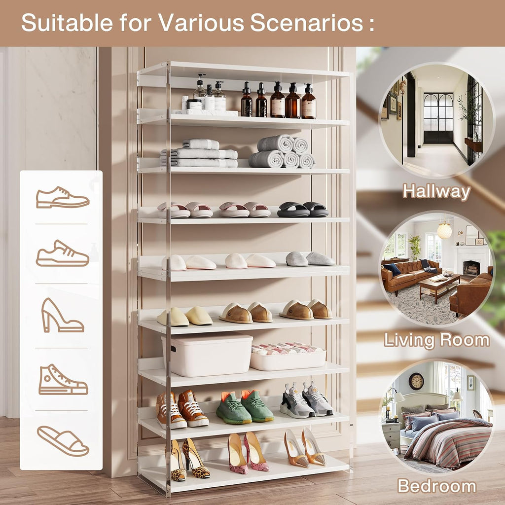 Tribesigns 8-Tier Acrylic Shoe Rack, Modern Shoe Storage with Wood Shelves, 63' Shoe Organizer Display Shelf for 24-32 Pairs, Space-Saving, White & Transparent (1)