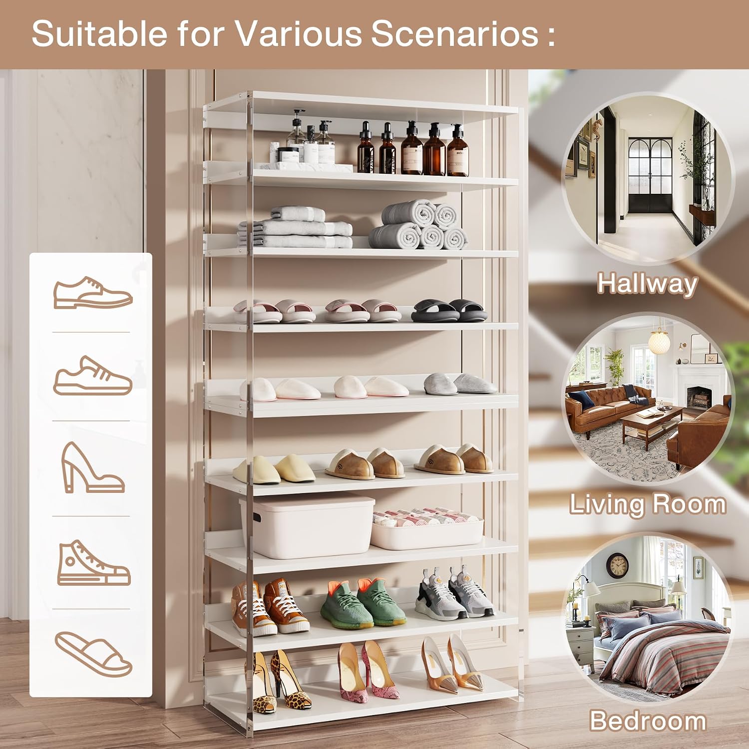 Tribesigns 8-Tier Acrylic Shoe Rack, Modern Shoe Storage with Wood Shelves, 63' Shoe Organizer Display Shelf for 24-32 Pairs, Space-Saving, White & Transparent (1)