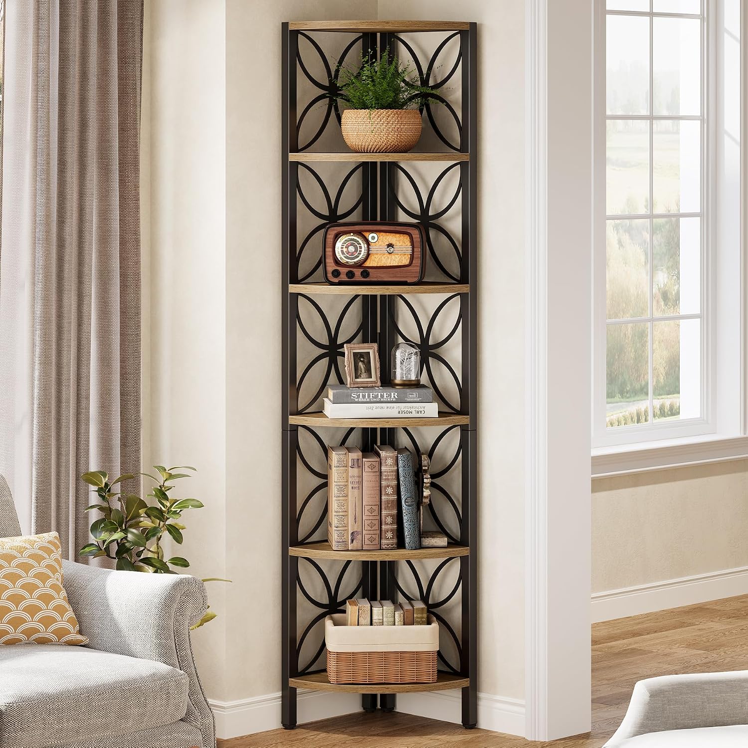 Tribesigns 6-Tier Corner Shelf, 70.9' Rustic Corner Bookshelf Display Shelf for Living Room, Wooden Shelving Unit Plant Stand Storage Rack for Bedroom, Bathroom, Small Space, Rustic Brown