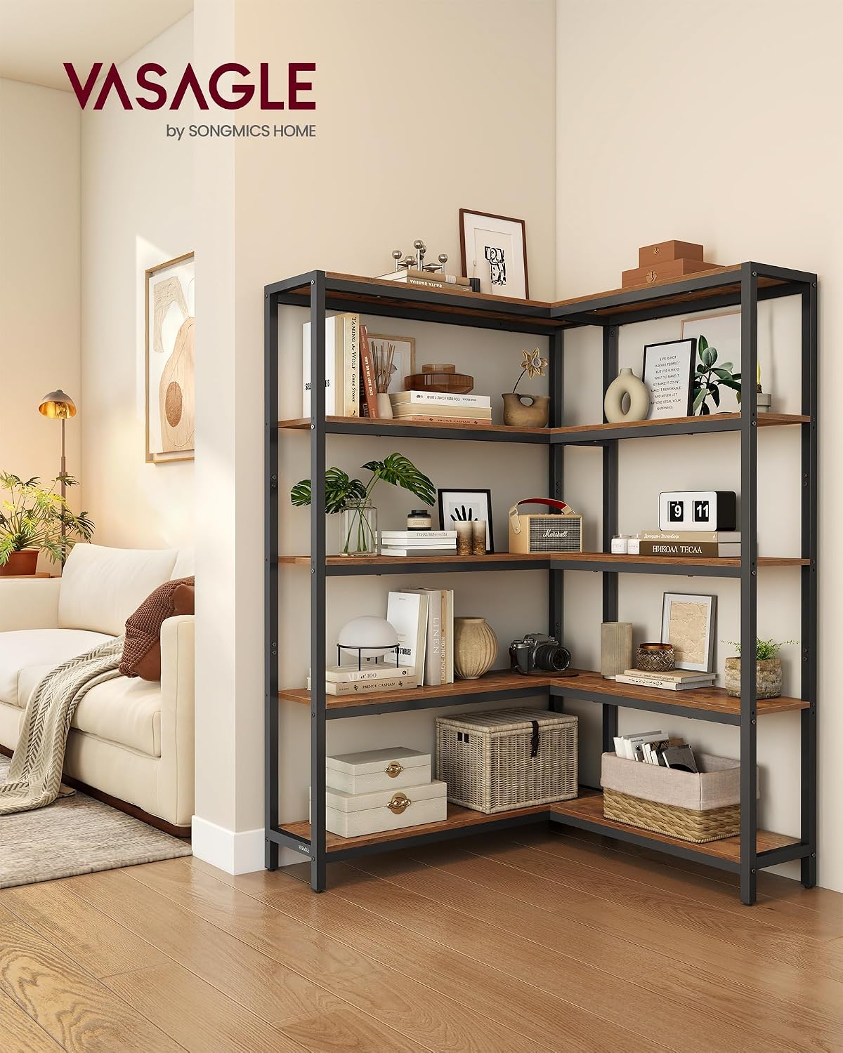 VASAGLE 5 Tier Bookshelf with Metal Frame, Convertible Industrial Corner Shelf, 9.4 x 52.8 x 55.9 Inches, for Living Room, Bedroom, Home Office, Rustic Brown and Ink Black ULLS815KD01
