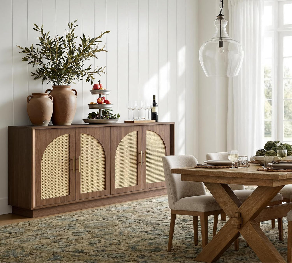 FORTUNETEC 63' Sideboard Buffet Cabinet with Storage, Modern Accent Cabinet with Rattan Arched Doors, Modular Media Console, Boho Credenza for Living Room Kitchen Dining Room Entryway, Walnut