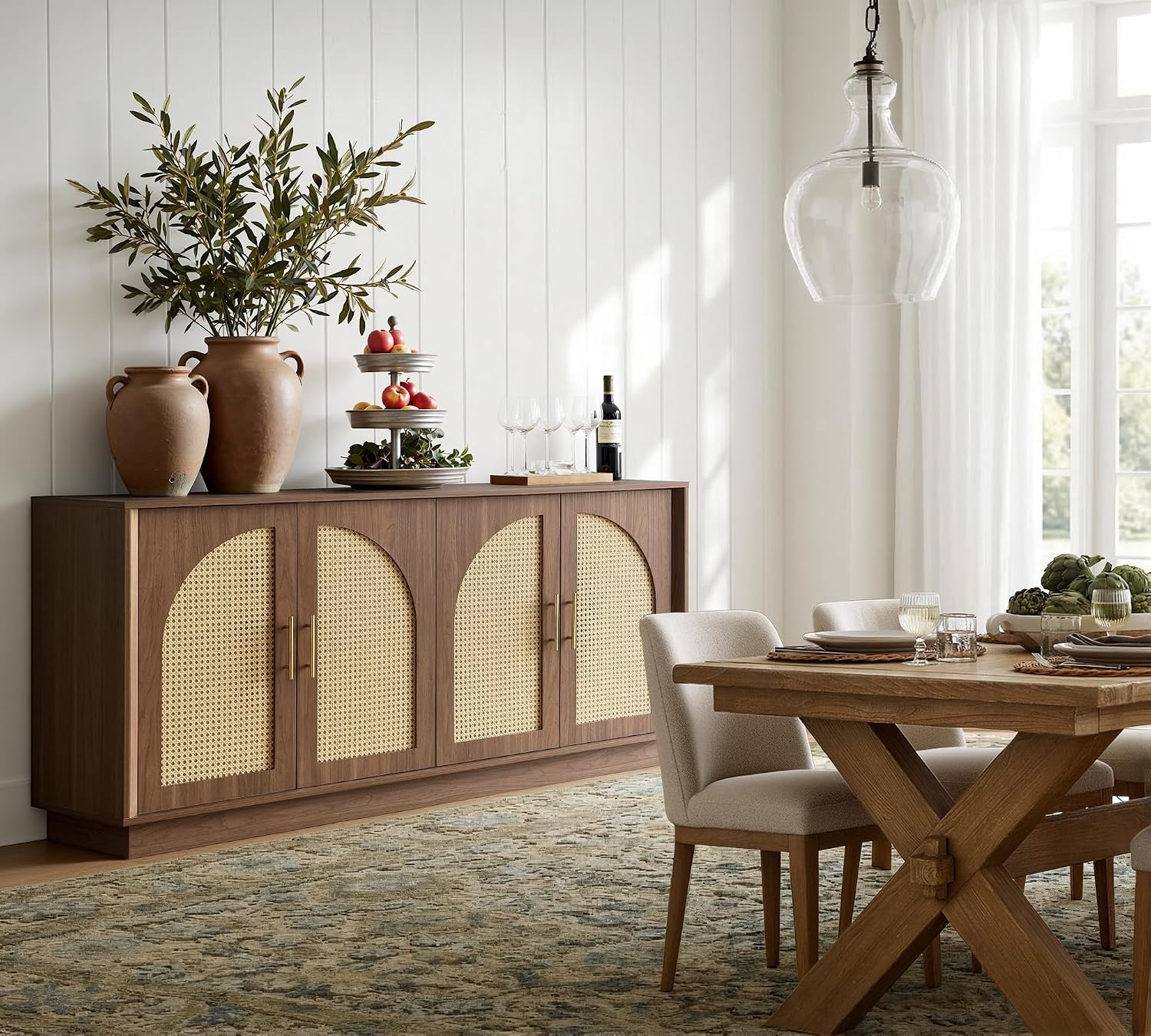 FORTUNETEC 63' Sideboard Buffet Cabinet with Storage, Modern Accent Cabinet with Rattan Arched Doors, Modular Media Console, Boho Credenza for Living Room Kitchen Dining Room Entryway, Walnut