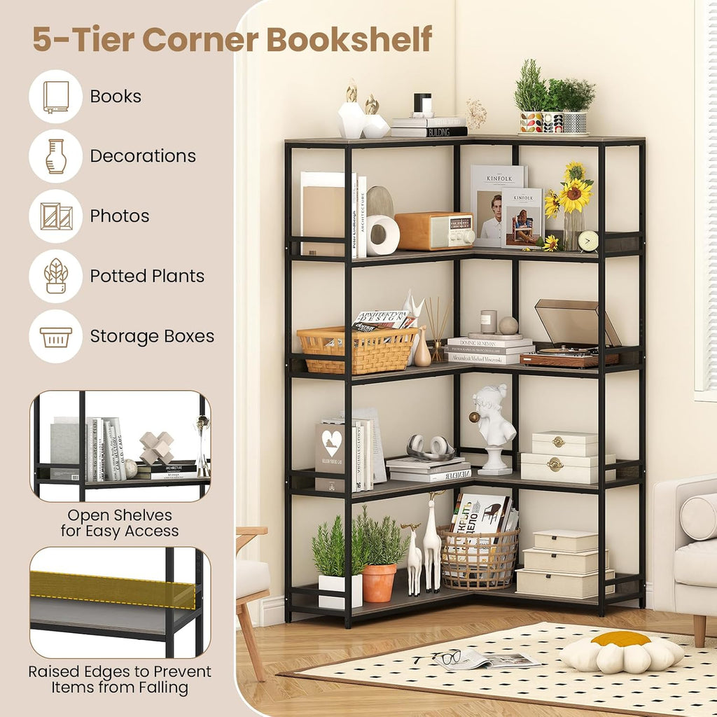 Giantex 5-Tier Corner Bookshelf, 71' L-Shaped Bookcase, Tall Etagere Bookshelf with Metal Frame, Industrial Open Display Shelf, Vertical Storage Rack for Living Room, Study, Office (Oak)