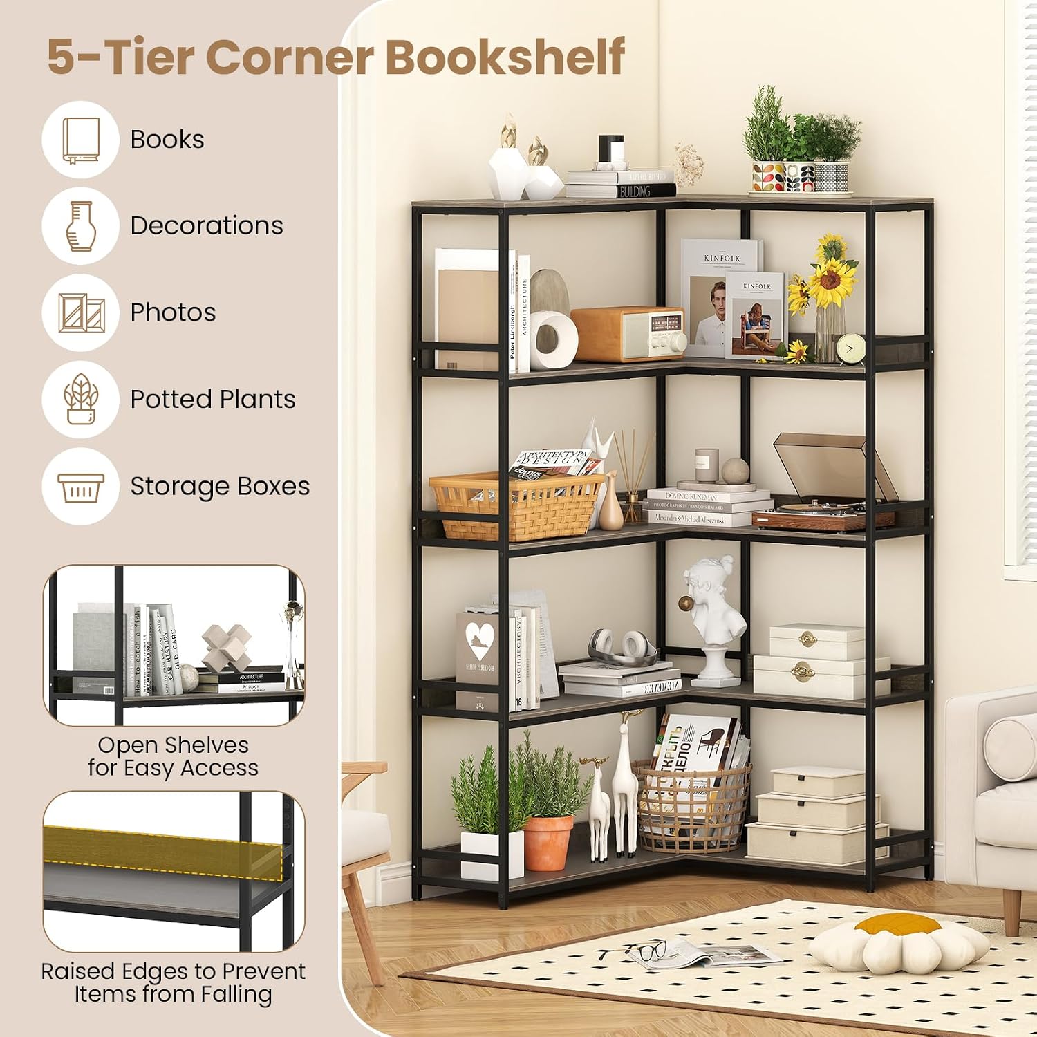 Giantex 5-Tier Corner Bookshelf, 71' L-Shaped Bookcase, Tall Etagere Bookshelf with Metal Frame, Industrial Open Display Shelf, Vertical Storage Rack for Living Room, Study, Office (Oak)