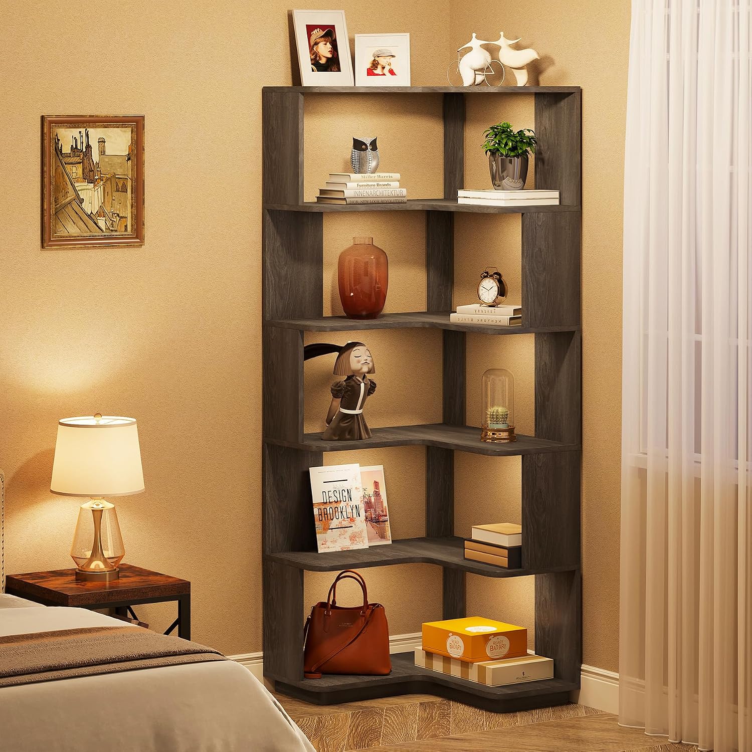 Tribesigns 6-Tier Corner Bookshelf, 64.9 Inches Tall Corner Bookcase with Anti-Drop Panel, Modern Freestanding Shelf Display Rack Storage Organizer for Home Office, Living Room, Grey