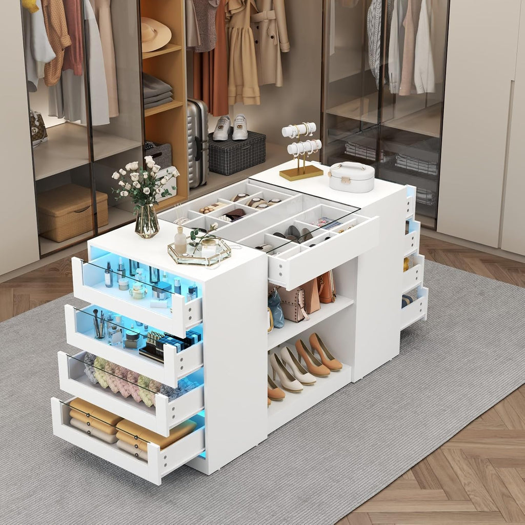 Gyfimoie Closet Island with Drawers, Armoire Wardrobe Closet with LED Lights White Dresser Walk-in Closets with Glass Top for Bedroom & Cloakroom