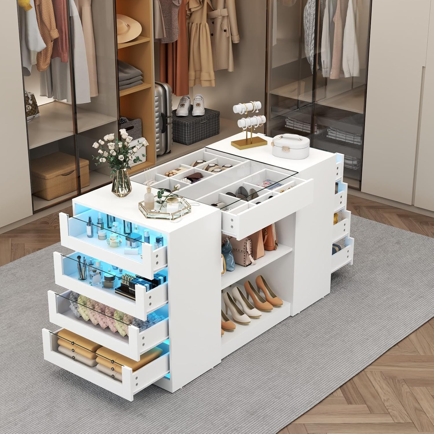 Gyfimoie Closet Island with Drawers, Armoire Wardrobe Closet with LED Lights White Dresser Walk-in Closets with Glass Top for Bedroom & Cloakroom