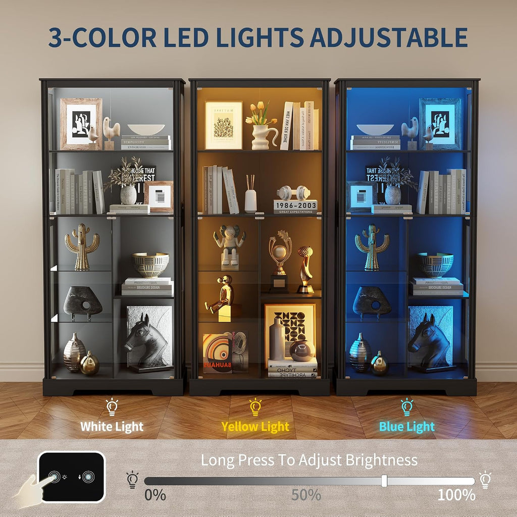 HNEBC 71'' Display Cabinet with 5-Tier and 3 Color Lights for Books Toys Liquor,Curio Cabinet with Human Body Bookcases for Bedroom, Living Room,Black