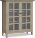 SIMPLIHOME Acadian Storage Cabinet - 39 inch Wide Solid Wood 4-Shelf Display Cabinet in Distressed Grey, Transitional Cupboard for Living Room or Dining Room with Glass Doors and Adjustable Shelves