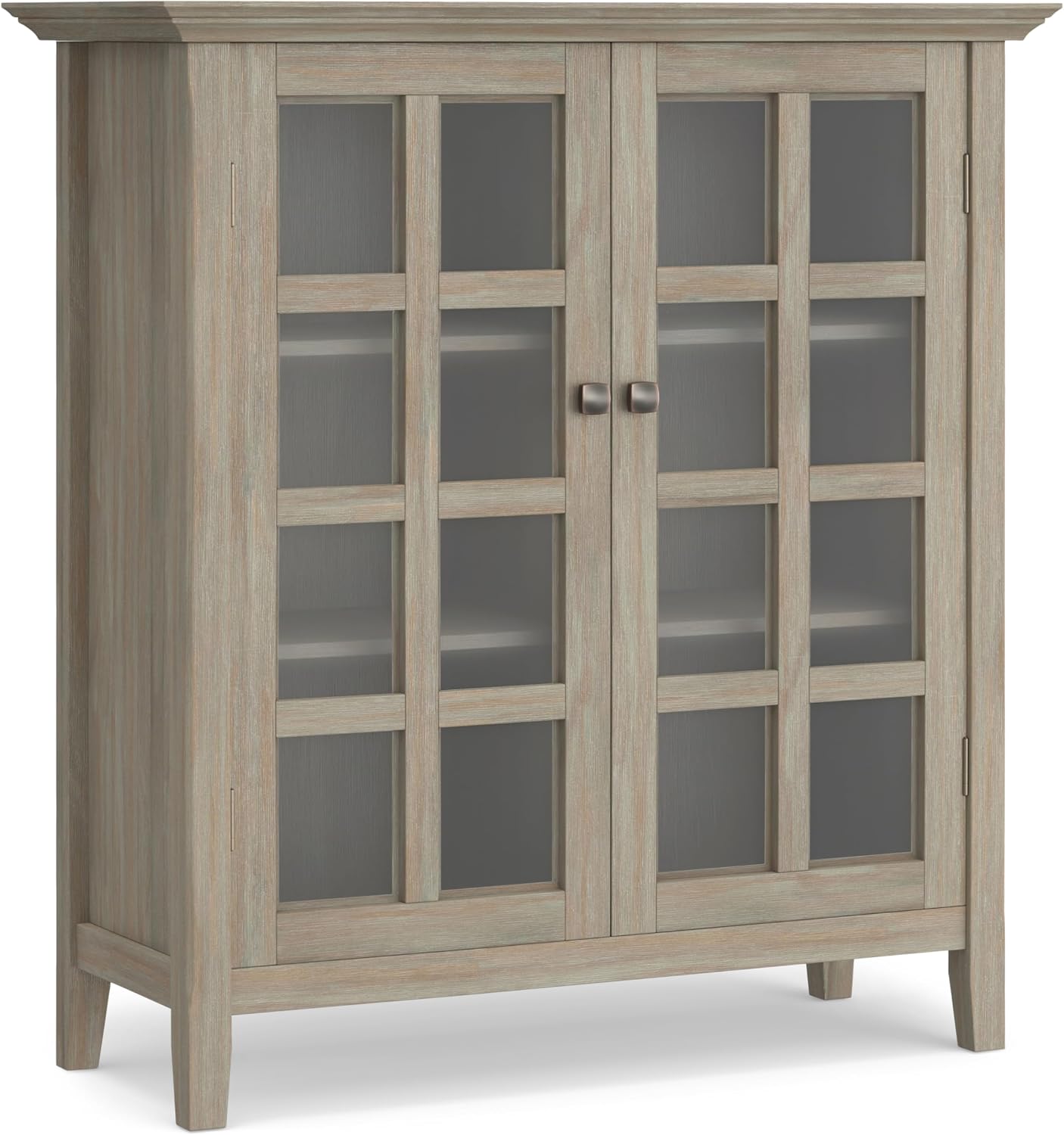 SIMPLIHOME Acadian Storage Cabinet - 39 inch Wide Solid Wood 4-Shelf Display Cabinet in Distressed Grey, Transitional Cupboard for Living Room or Dining Room with Glass Doors and Adjustable Shelves