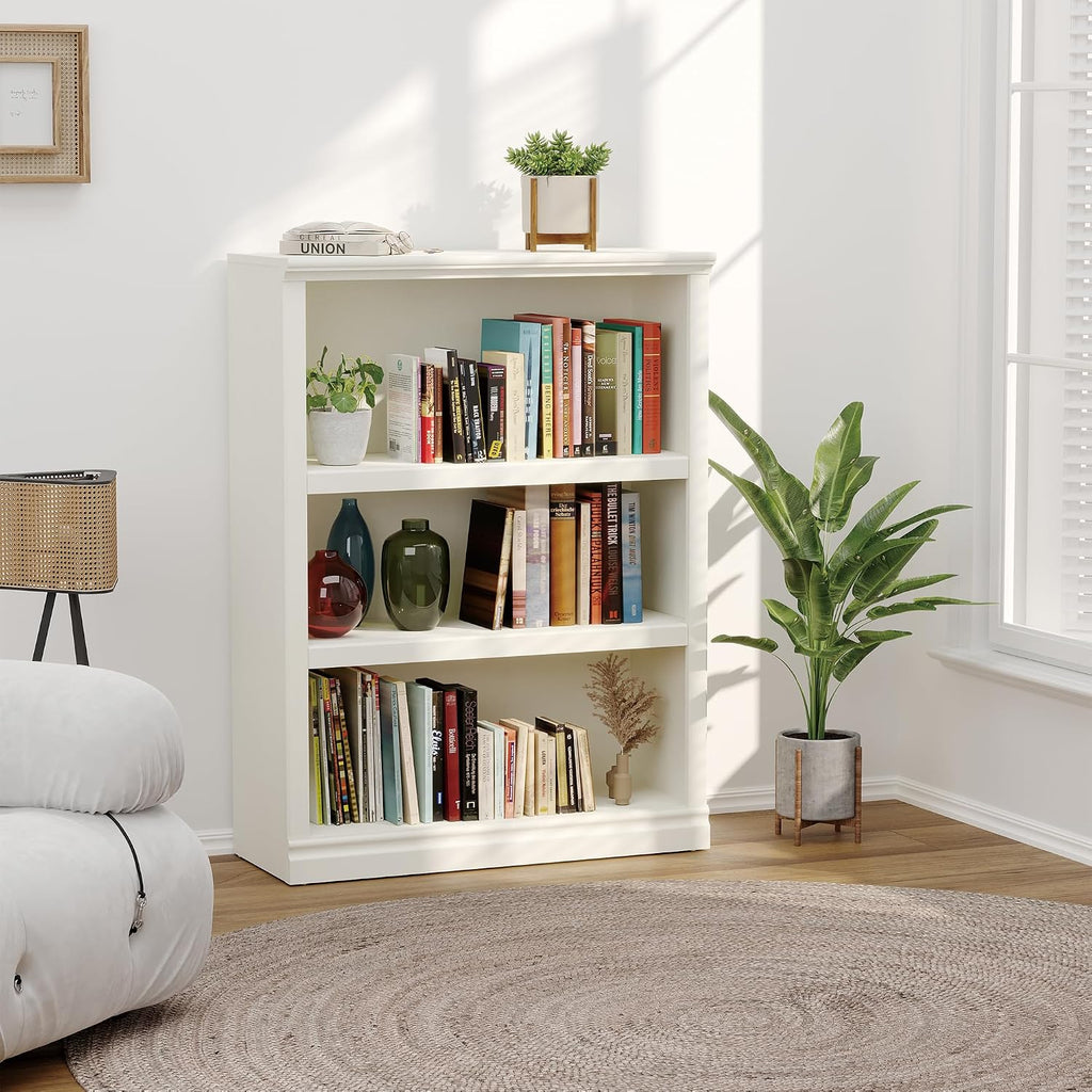 Bevfint 43 in Tall Bookcase, 3-Tier Bookshelf Open Storage, 33 inch Wide Floor Standing Indoor Furniture, Book Cases for Home School Library Office Bedroom Kids, White 3 Tiers