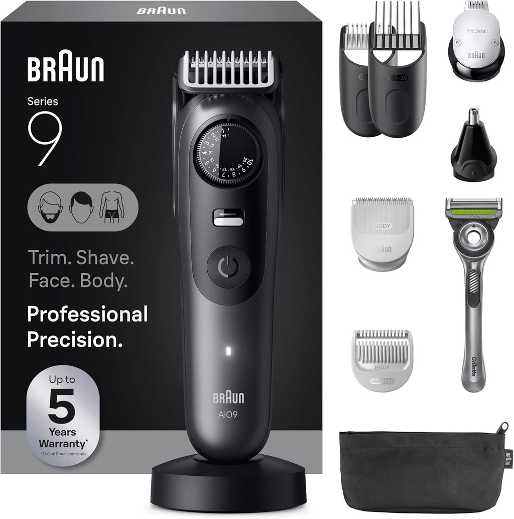 Braun Series 9 All-in-One Beard & Body Grooming Kit for Men, Cordless Trimmer, Hair Clippers & Shaver for Face, Hair & Body with Gillette Labs Razor, AIO 9535