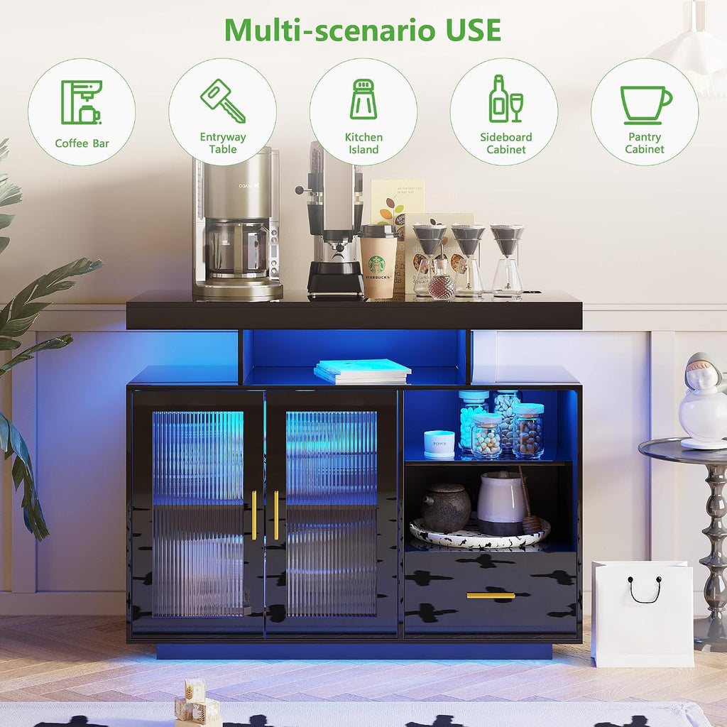 HNEBC LED Sideboard Buffet Cabinet with Charging Station, Smart Bar Cabinet with Auto RGB Lighted, High Gloss Coffee Bar with Drawer/Hutch for Living Room, Dining Room, Home Storager(Black)