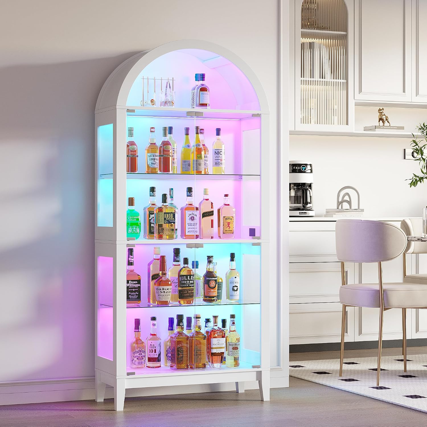 WOOVIVS Glass Display Cabinet with RGB Lights, 69' Tall Curio Cabinet with Rebound Tempered Glass Door, 5-Tier Adjustable Display Case for Living Room (White)
