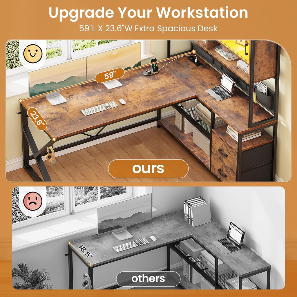 SEDETA L Shaped Computer Desk, Home Office Desk with 2 Drawer and Bookshelf, L Shaped Gaming Desk with LED Light, Glass Cabinet and Storage Bag, Corner Desk with Storage Shelves, Rustic Brown