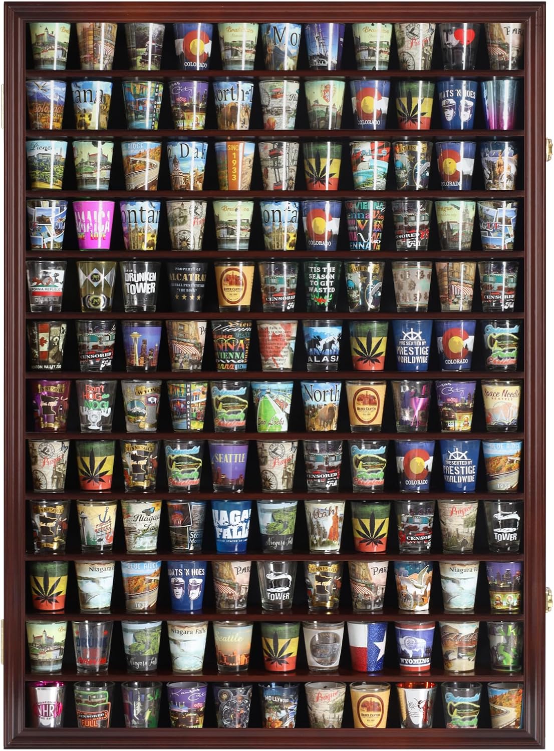144 Shot Glass Shooter Display Case, Glass Collection Hollder Wall Mount Cabinet, UV Protection, Removable Shelves, Cherry Finish