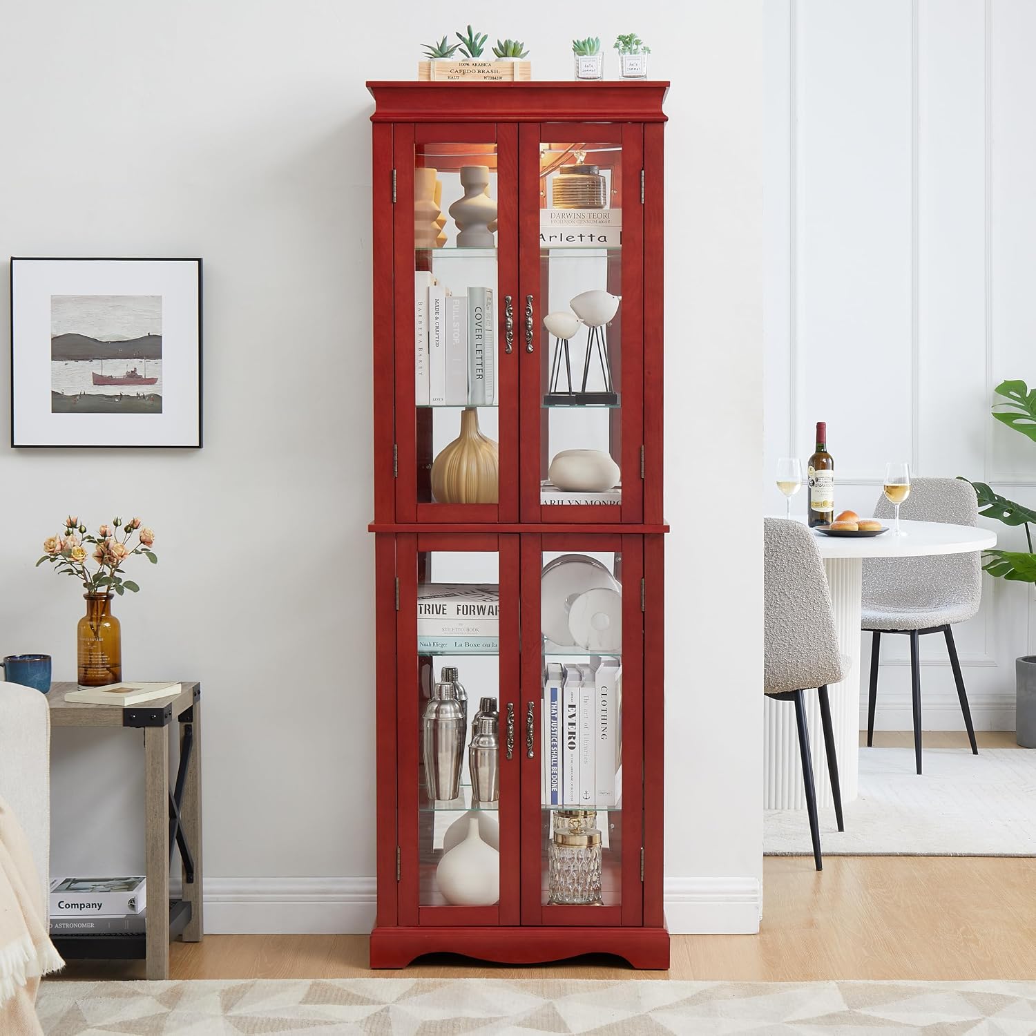 Lighted Glass Curio Cabinet with Lights & Adjustable Shelves,Curio Display Cabinet with Wood Frame,Corner Cabinet for Kitchen,Living Room,Office