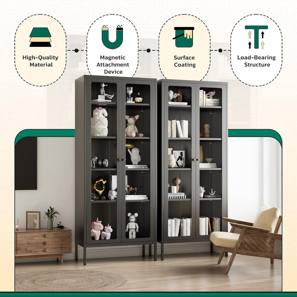 Greenvelly Metal Glass Display Cabinet with 5-Tier Storage Shelves, Tall Curio Cabinet with Glass Doors and Shelves, Black Steel Cabinet Collectibles Display Case for Home Office, Living Room, Pantry