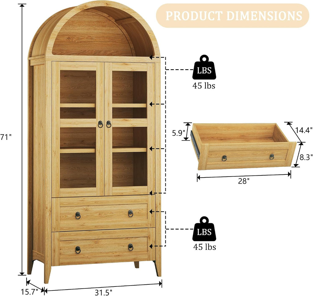 HUAHUU 71' Tall Pantry Cabinet, Arched Cabinet, Kitchen Storage Cabinets with 2 Large Drawers & Adjustable Shelves & Glass Door for Living Room, Kitchen, Dining Room, Natrual