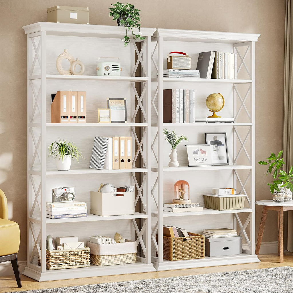 Tribesigns 6-Tier Bookcase Set of 2, 71 Inches Industrial Bookshelves and Bookcases, Floor Standing 5 Shelf Display Storage Shelves Tall Bookcase for Home Office, Living Room, Bed Room, White