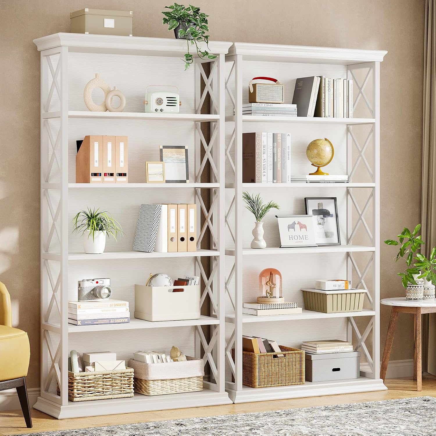 Tribesigns 6-Tier Bookcase Set of 2, 71 Inches Industrial Bookshelves and Bookcases, Floor Standing 5 Shelf Display Storage Shelves Tall Bookcase for Home Office, Living Room, Bed Room, White