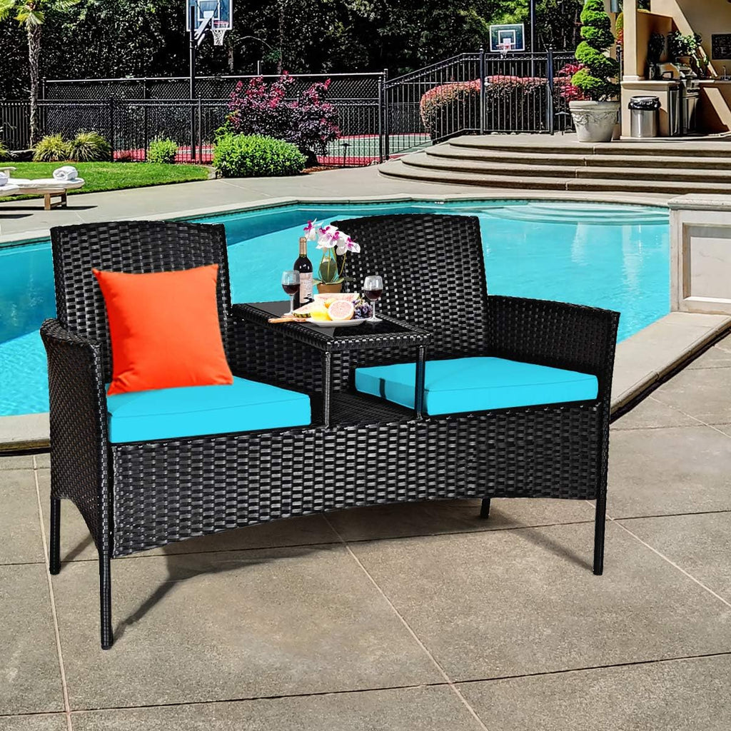 Tangkula Wicker Patio Conversation Furniture Set, Outdoor Furniture Set with Removable Cushions & Table, Tempered Glass Top, Modern Rattan Bench for Garden Lawn Backyard