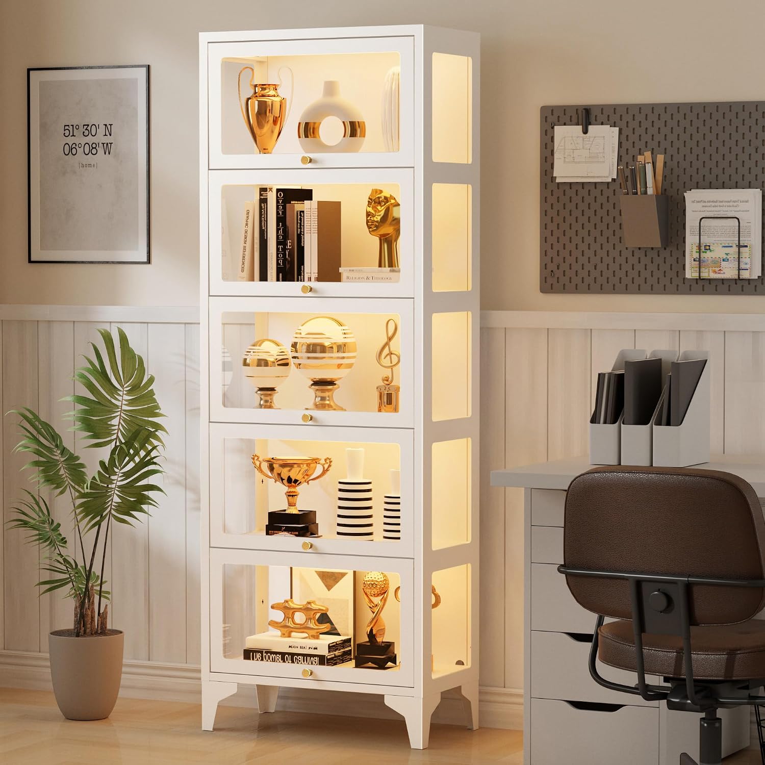 5 Tier Glass Display Cabinet with Flip-Up Doors, 67' Curio Cabinet with 13-Color LED Lights, 3-Side Tempered Glass Display Case for Books, Collectibles, Figures, White