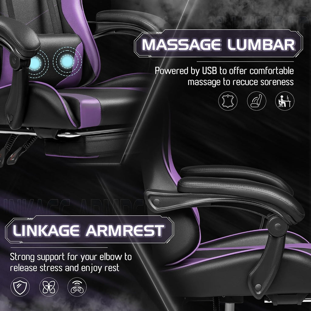 Homall Gaming Chair, Video Game Chair with Footrest and Massage Lumbar Support, Ergonomic Computer Chair Height Adjustable with Swivel Seat and Headrest (Purple)