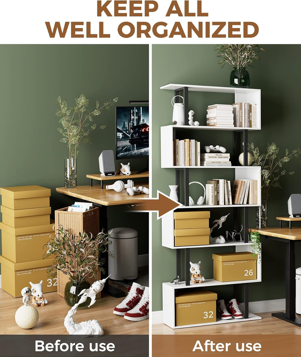 Gadroad 6 Tier Geometric Bookcase,S Shaped Bookshelf, Wood Decorative Storage Shelving, Modern Freestanding Display Shelves, Tall Book Shelf Unit for Living Room Bedroom, White