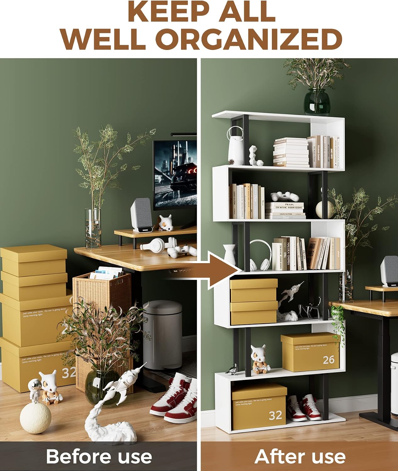 Gadroad 6 Tier Geometric Bookcase,S Shaped Bookshelf, Wood Decorative Storage Shelving, Modern Freestanding Display Shelves, Tall Book Shelf Unit for Living Room Bedroom, White