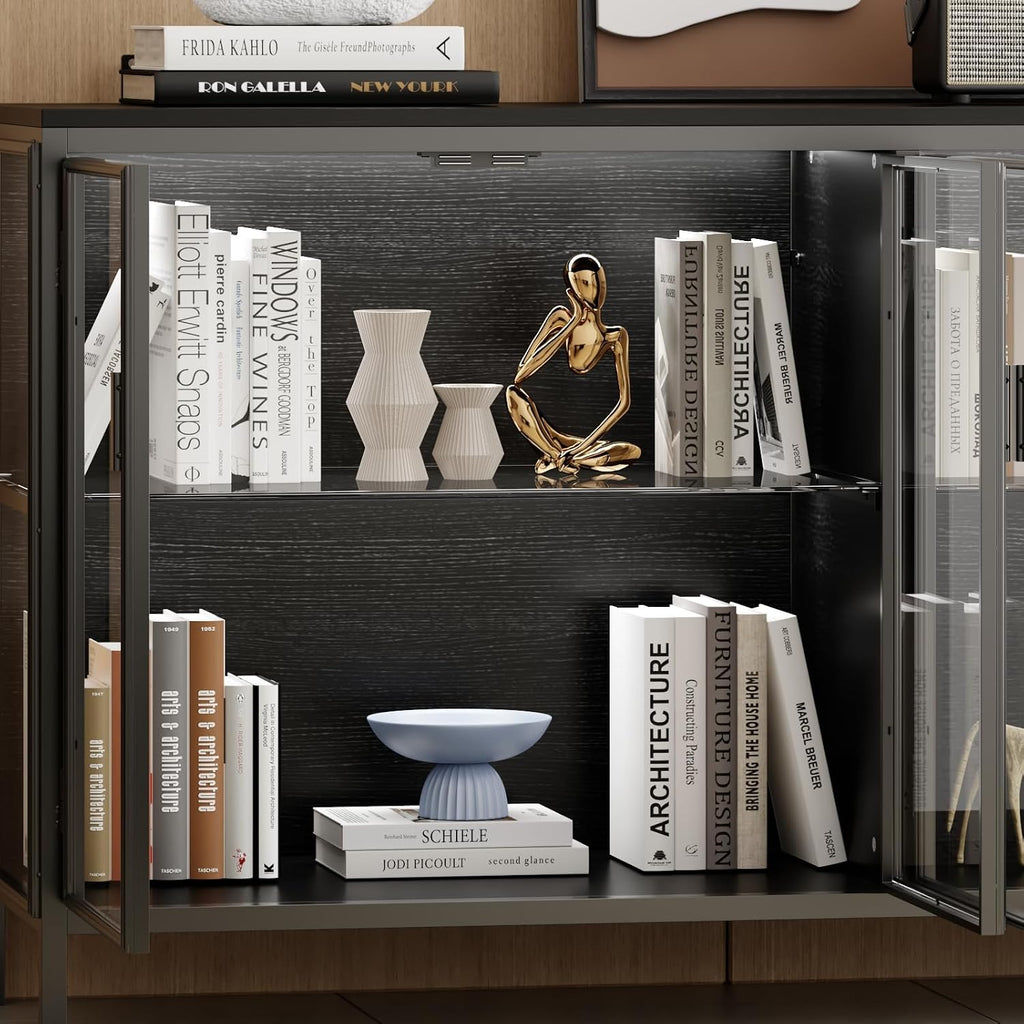 FUFU&GAGA Sideboard Buffet with LED Lights, Glass Doors, Modern Display Cabinet with Glass Shelves, Black Cupboard Credenza with Metal Legs, for Living Room Kitchen, 55.1'W x 15.7'D x 29.5'H