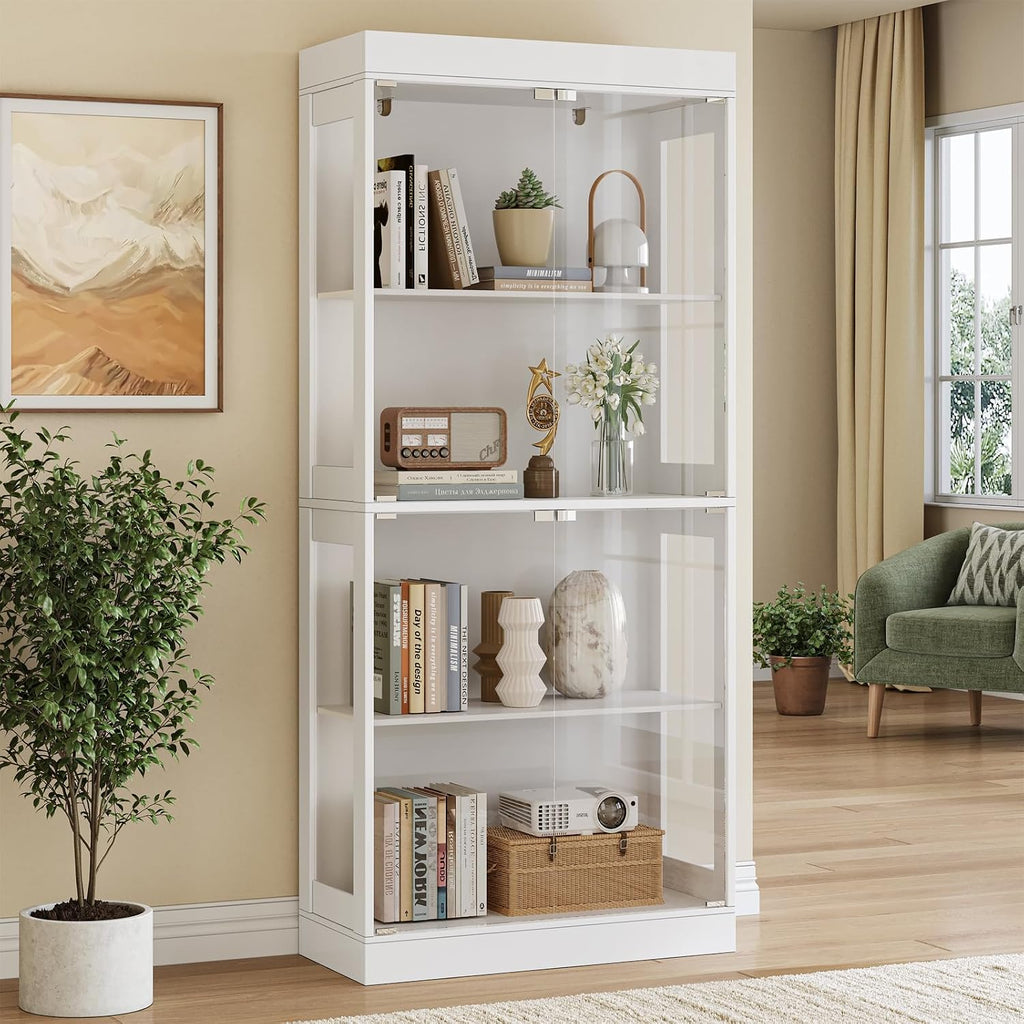 70.1' Display Cabinet with Glass Doors,4-Tier Curio Cabinet for Collectibles, Tempered Glass Display Case with Handleless Design for Living Room, Office, Kitchen，White