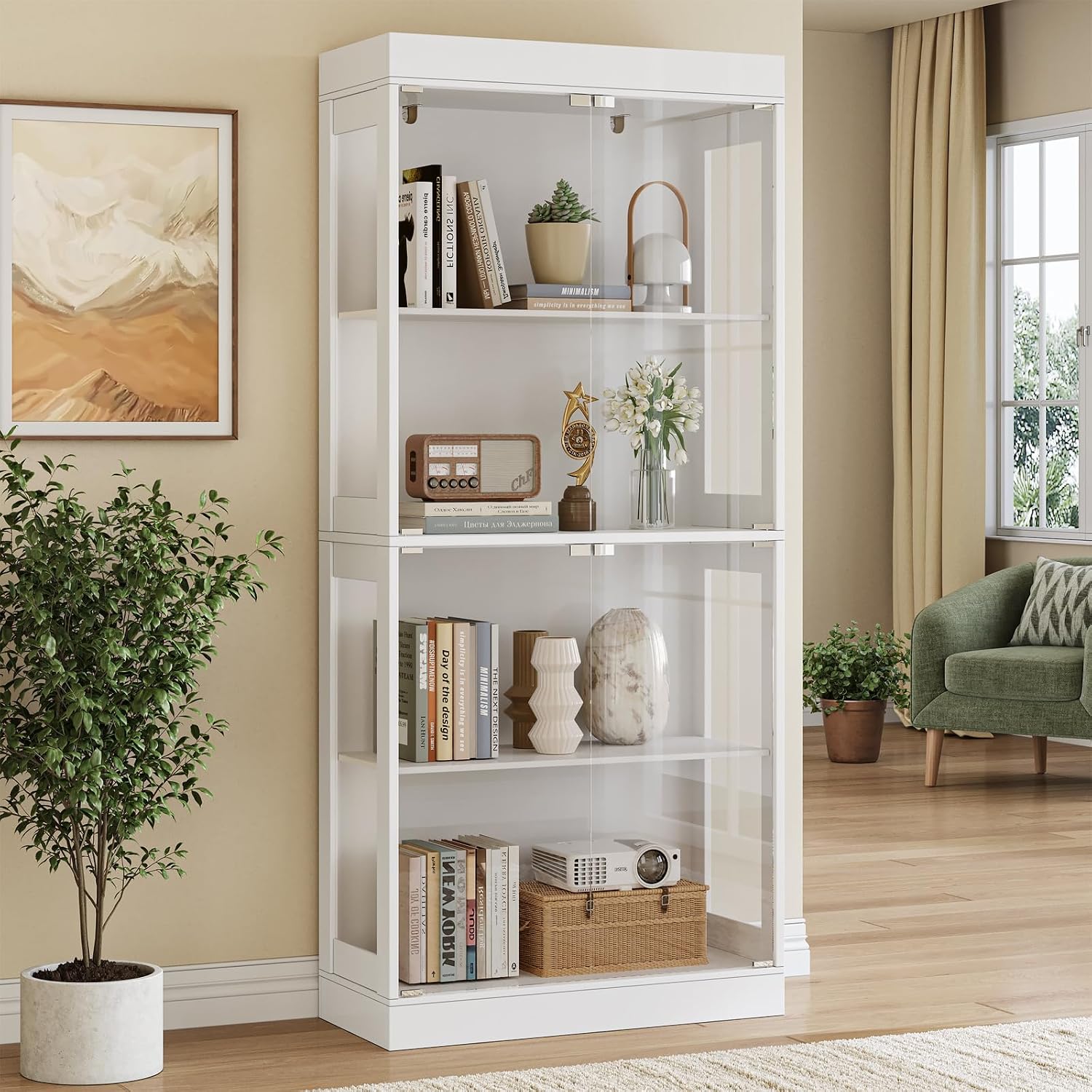 70.1' Display Cabinet with Glass Doors,4-Tier Curio Cabinet for Collectibles, Tempered Glass Display Case with Handleless Design for Living Room, Office, Kitchen，White