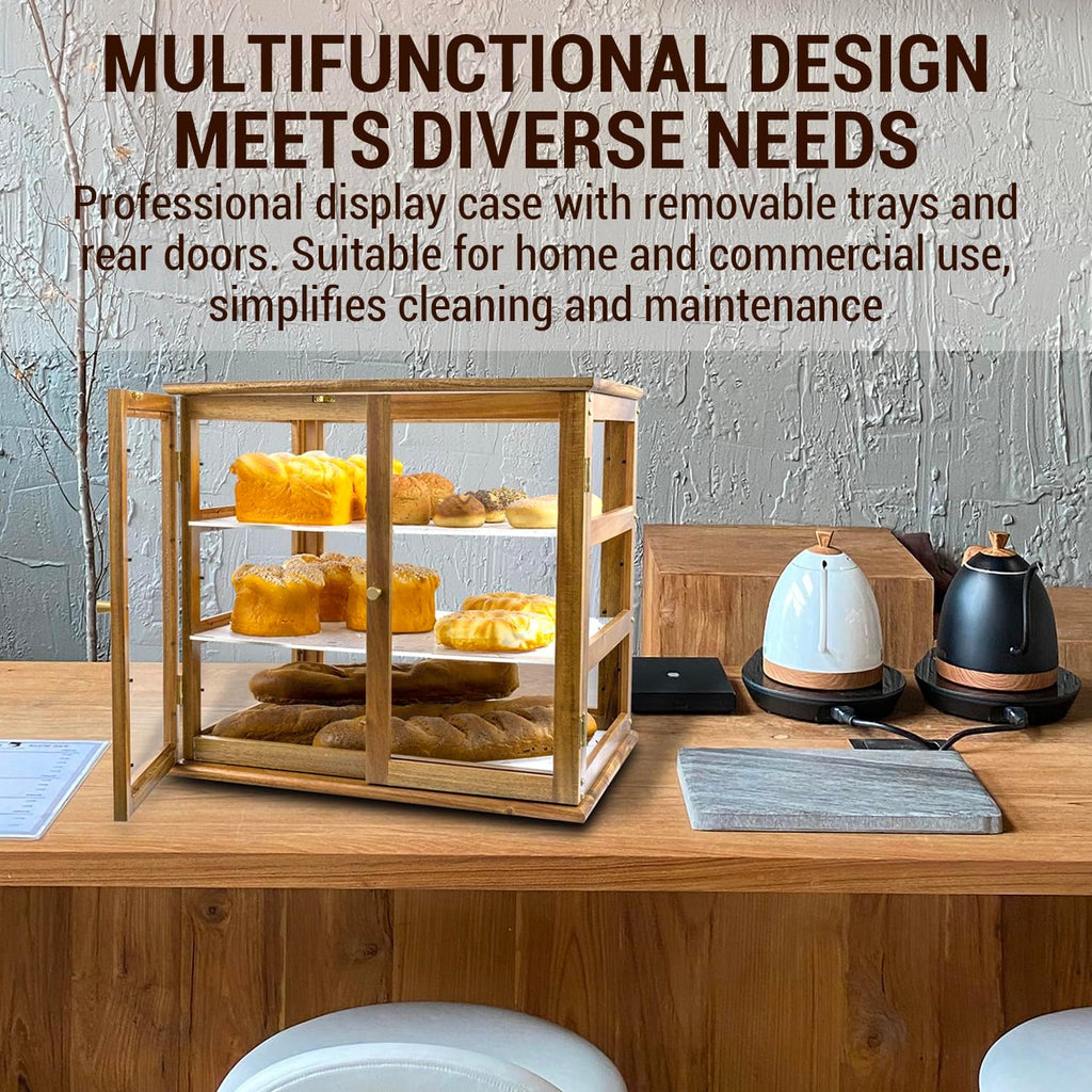 Pastry Display Case,Cookie Display, Professional-Grade Retail Bakery Display Case,,3 Tier Premium Acacia Wood and Clear Acrylic Bread Box,with Removable Trays and Rear Doors for Home or Commercial Use